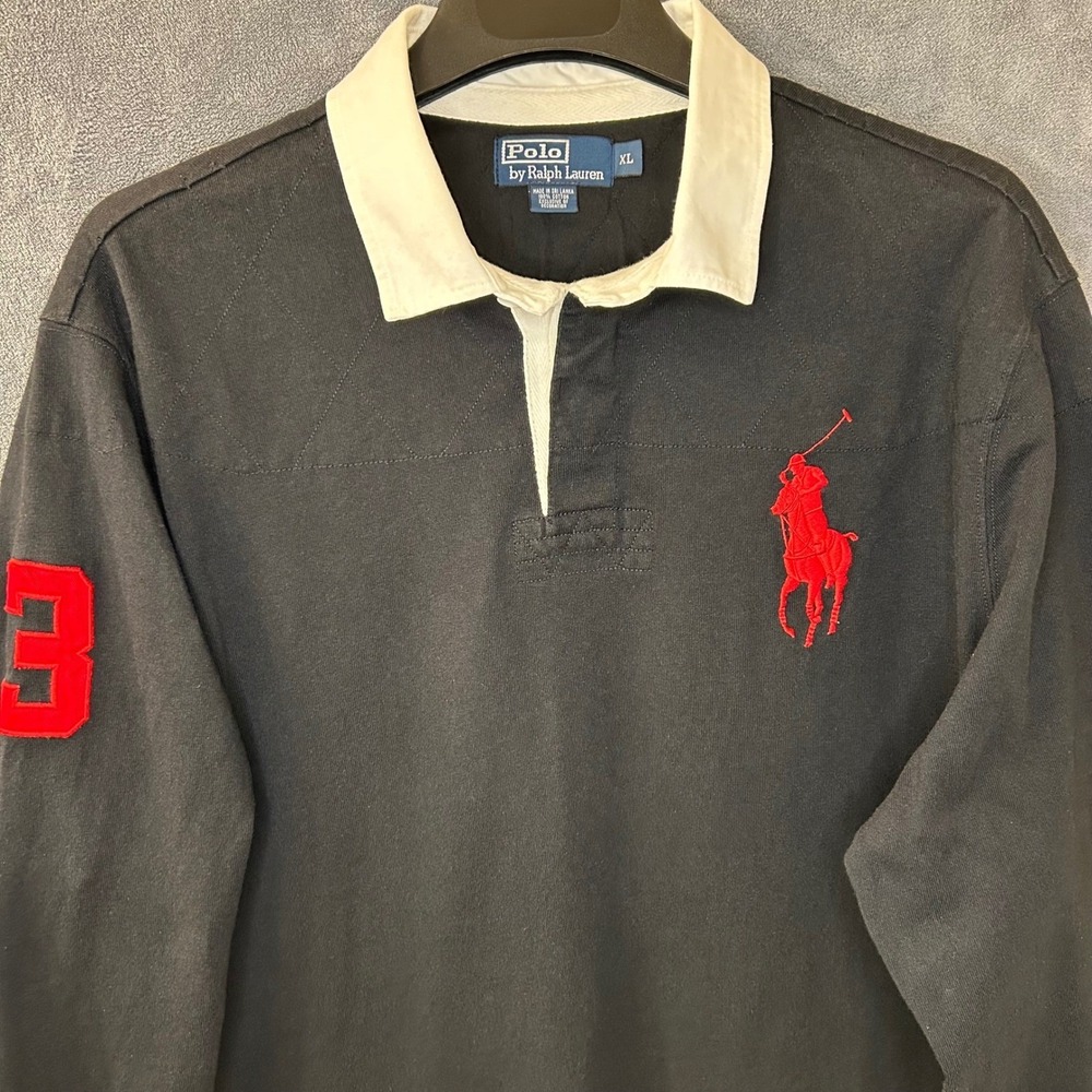 Polo Ralph Lauren Mens XL Black Rugby Shirt Big Pony Red Logo Long Sleeve Cotton